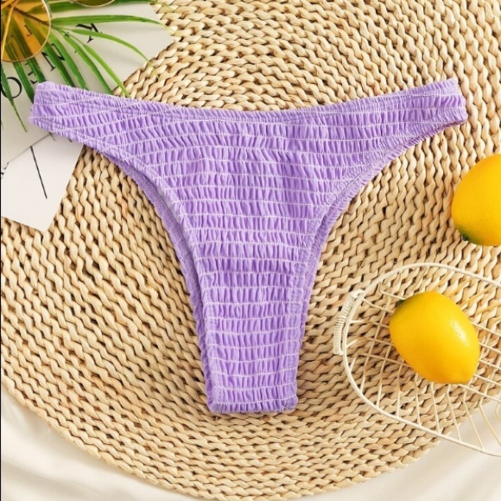 Purple smocked cheeky bikini bottoms